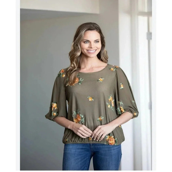 Anthropologie Fig & Flower Sz M Mesh Top Olive Brown Embroidered Floral Boho - Picture 1 of 12